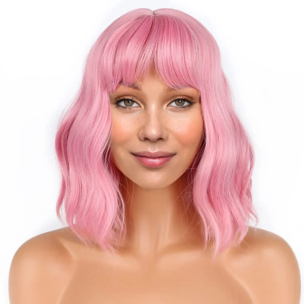 Short Bob Pink Wigs with Bangs for Women Loose Wavy Hair